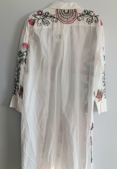 ZARA long sleeves button down embroidered long shirt dress Med  NEW - Picture 5 of 13